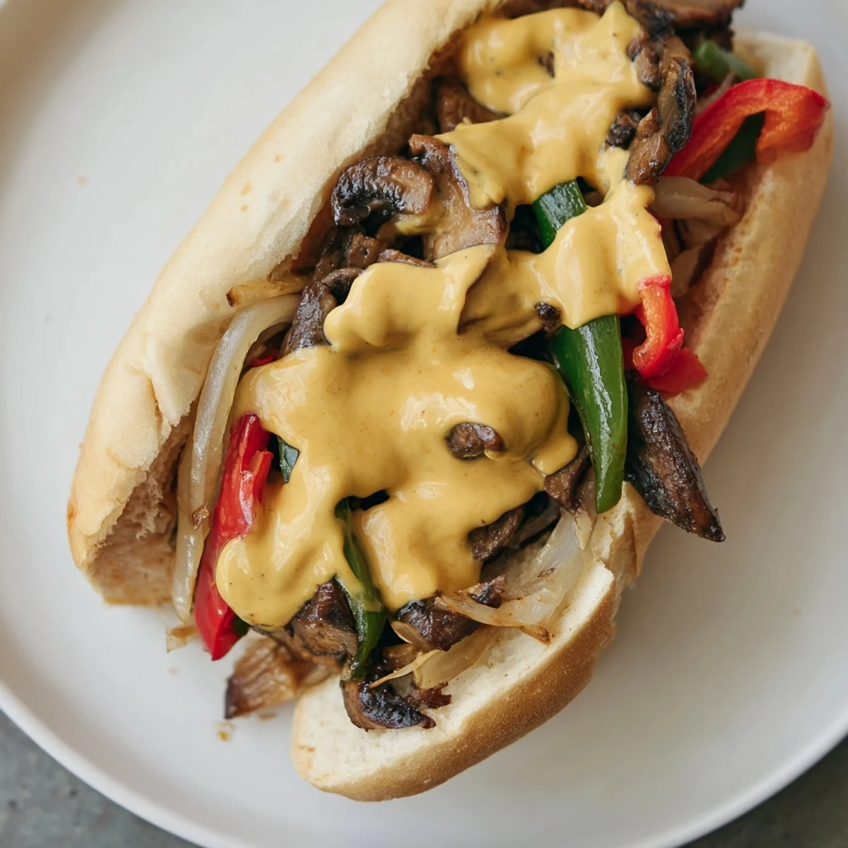 Golden-brown sautéed mushrooms, peppers, and onions fill a toasted hoagie roll for this Vegan Philly Cheesesteak. A creamy vegan cheese sauce drips over the savory plant-based filling.