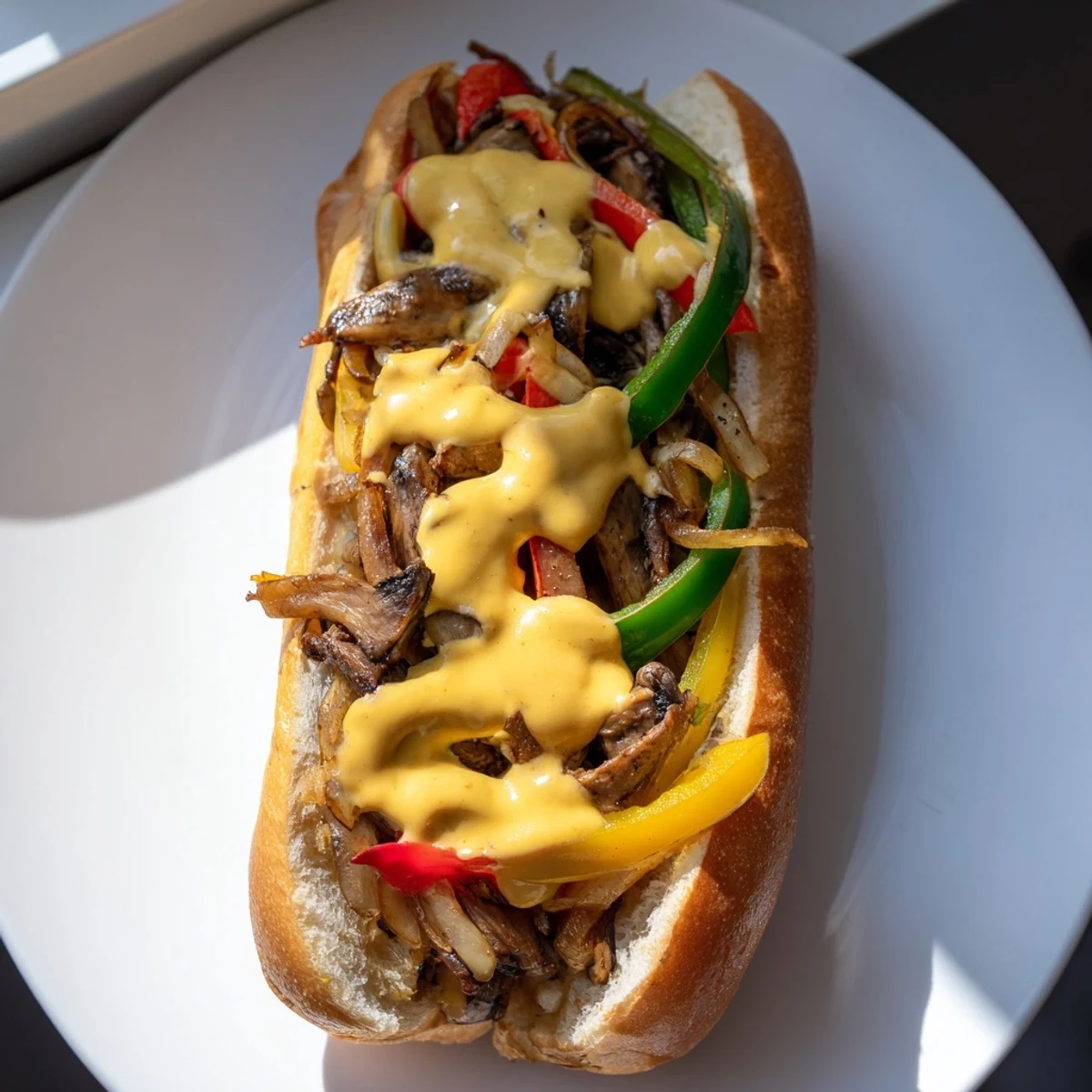 Freshly prepared Vegan Philly Cheesesteak shows melted vegan cheese on toasted bread. Loaded with colorful peppers, onions, and mushrooms for a satisfying, savory bite.
