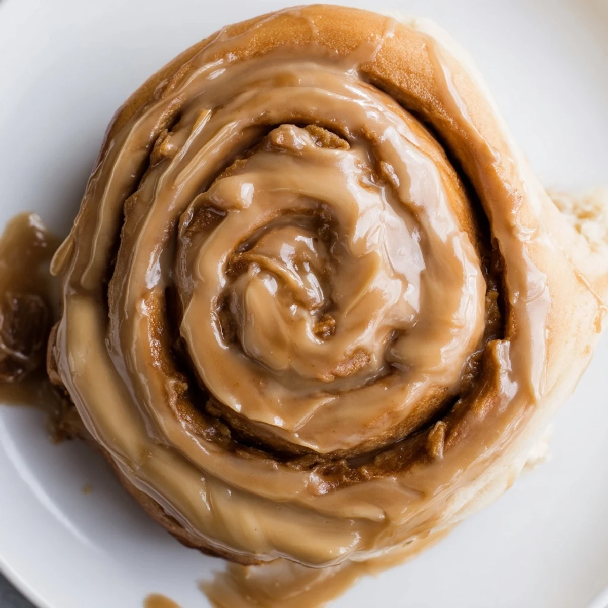 A close-up of Soft and Gooey Biscoff Cinnamon Rolls drizzled with creamy cookie butter glaze.
