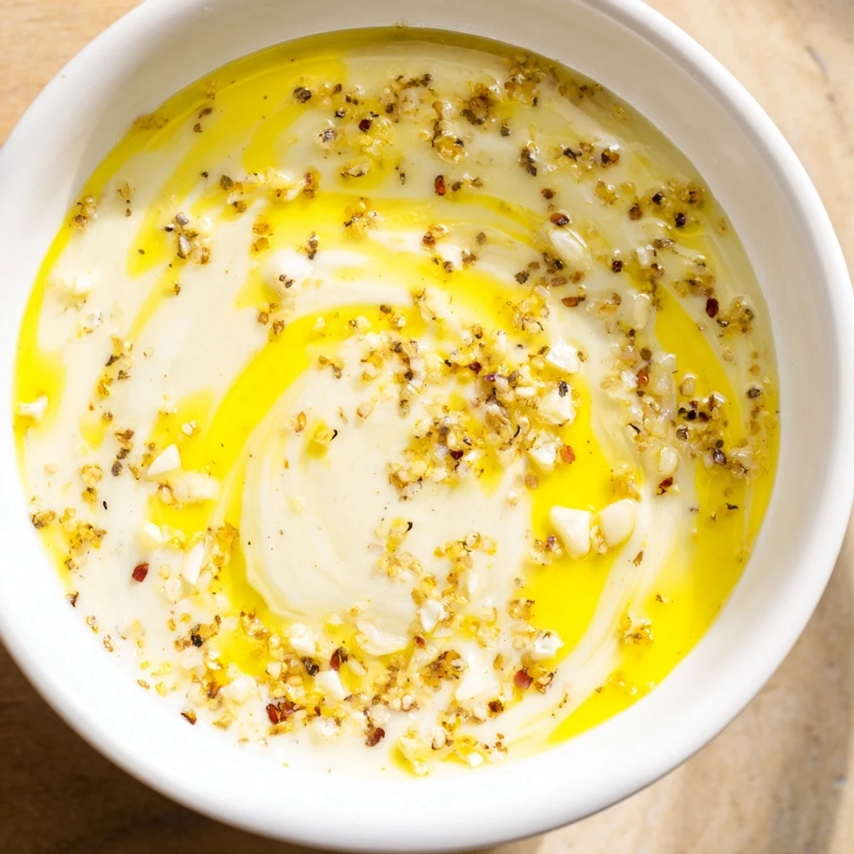 Homemade Lemon Dijon Dressing emulsified in a whisking bowl, showcasing creamy texture next to fresh garlic and lemon wedges.