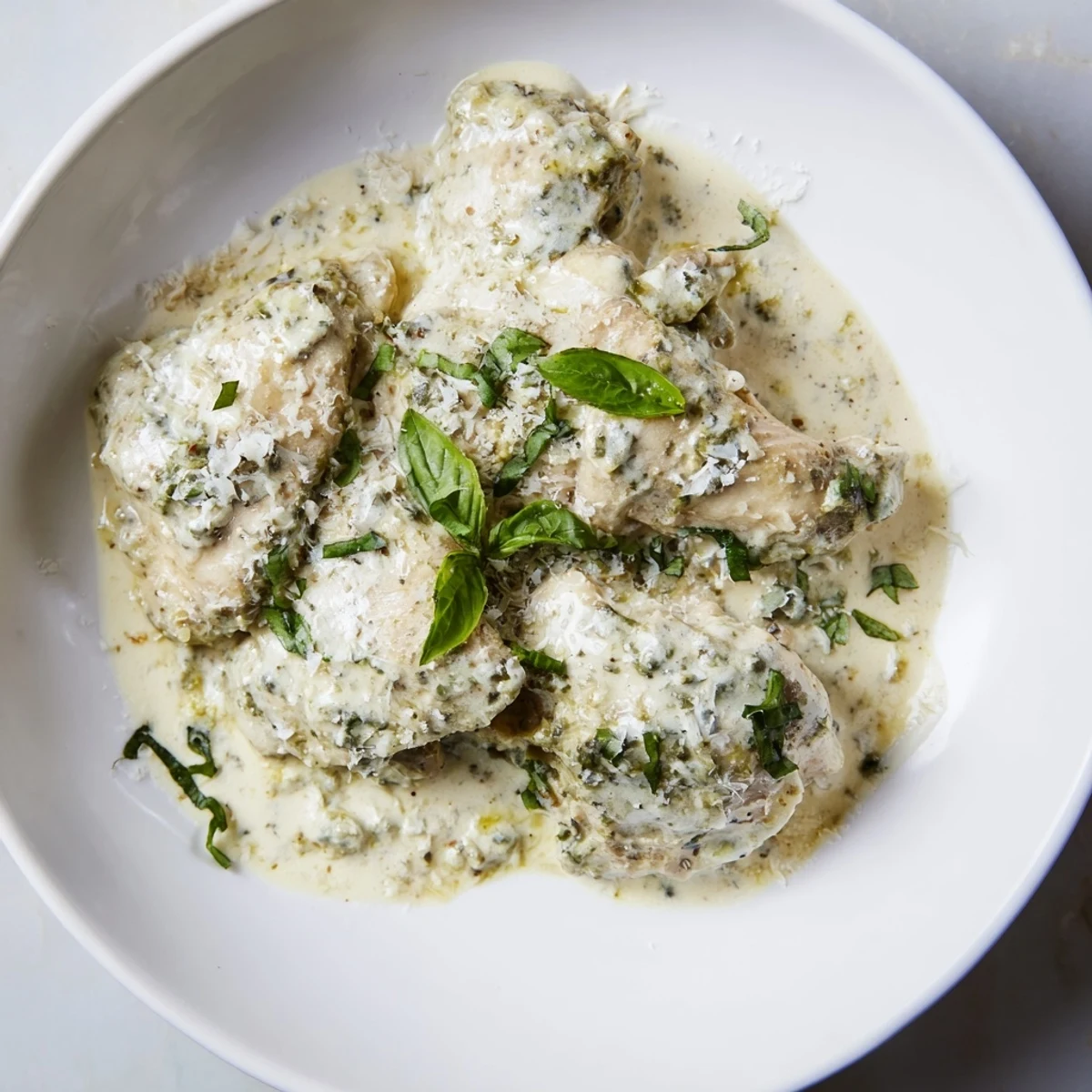 Steamed rice and roasted broccoli alongside tender Pesto Ranch Crock Pot Chicken Thighs served in a creamy green sauce.