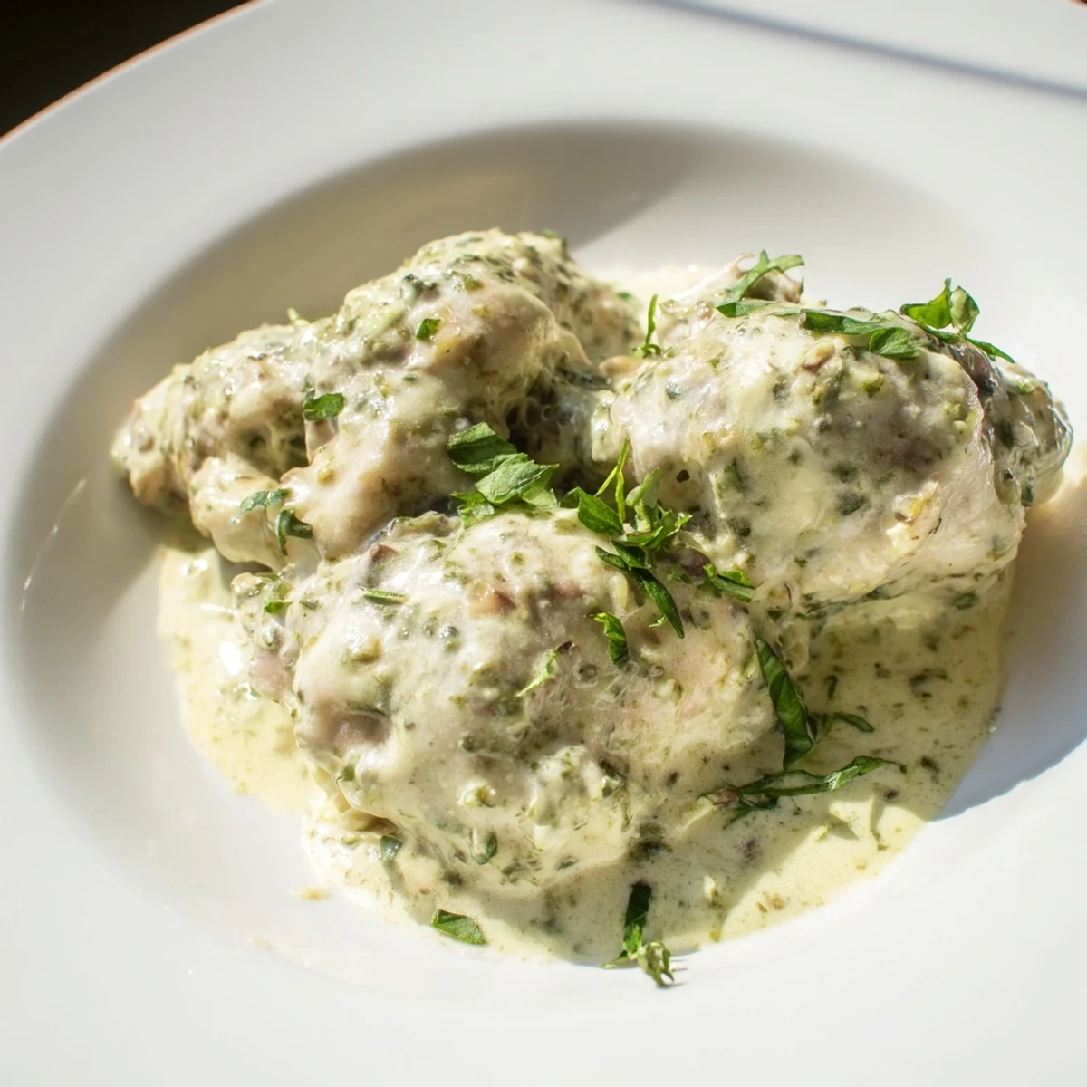 Golden-brown Pesto Ranch Crock Pot Chicken Thighs bubbling in a slow cooker with a rich, herb-flecked sauce.