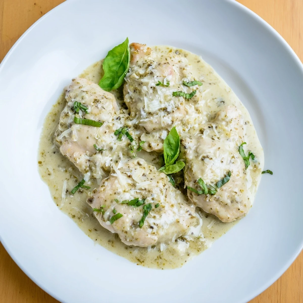Family-style platter of juicy Pesto Ranch Crock Pot Chicken Thighs garnished with fresh basil and grated Parmesan.