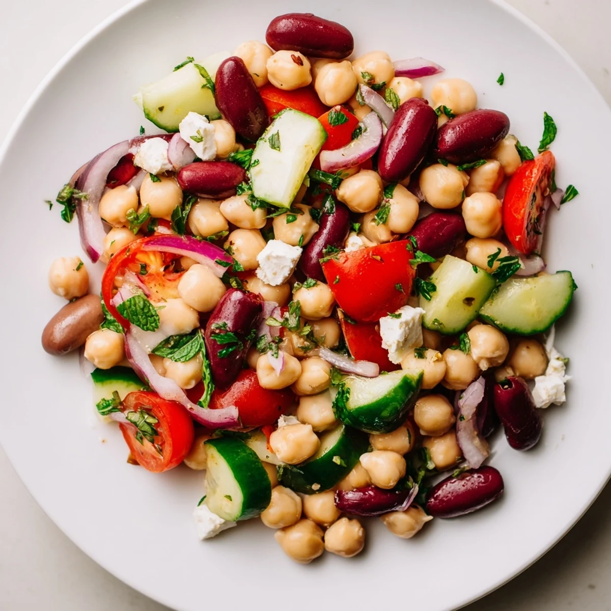 This Mediterranean Dense Bean Salad sits beside grilled chicken on a rustic board, perfect for a vibrant, protein-packed lunch.