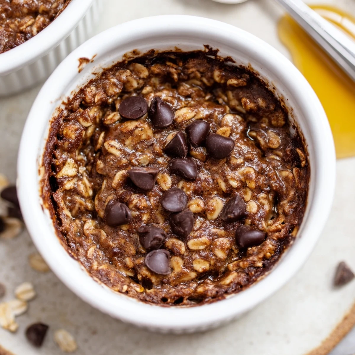 Freshly baked Easy Chocolate Baked Oats in a ramekin with melted chocolate chips on top.