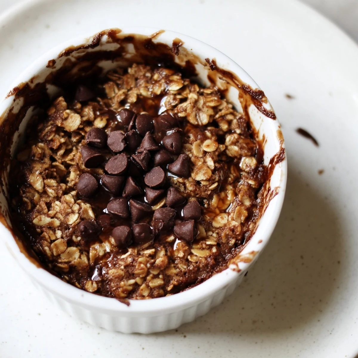 A close-up of Easy Chocolate Baked Oats with a fudgy texture and cracked top.