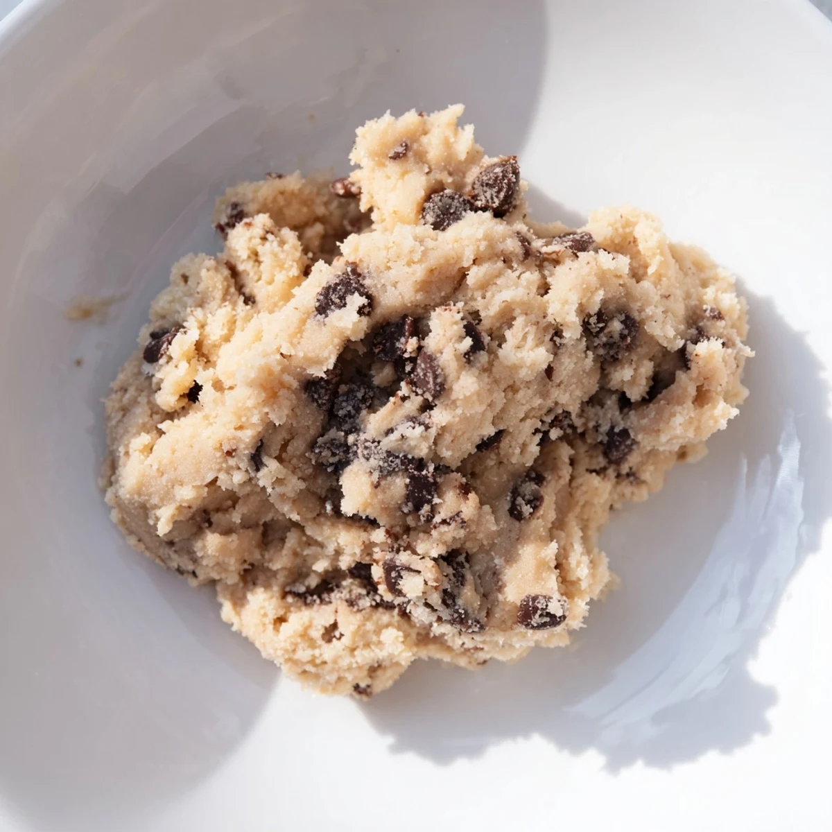 This close-up of Edible Keto Cookie Dough shows creamy texture and sugar-free chocolate chips in a rustic bowl.  