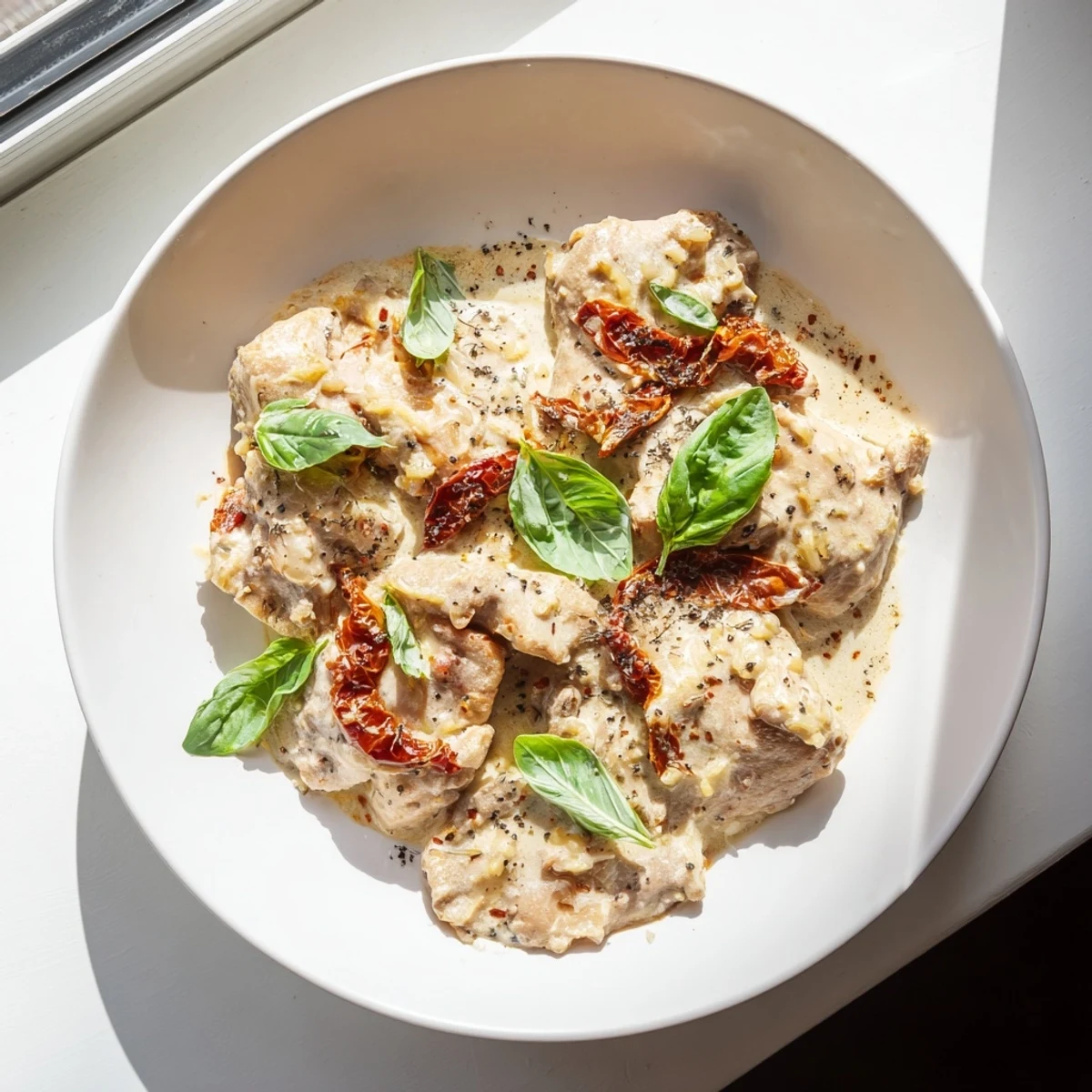 Four golden-brown chicken breasts slow-cooked in a creamy, sun-dried tomato sauce, topped with fresh basil.
