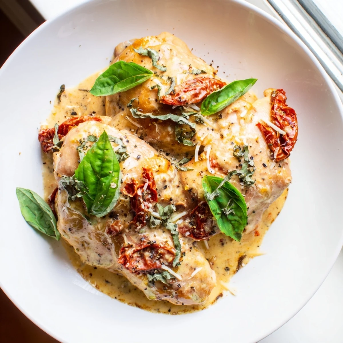 A close-up of Marry Me Slow Cooker Chicken Breast in a rich, red-hued sauce with sun-dried tomatoes.