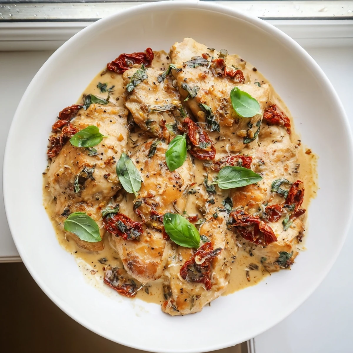 Tender Marry Me Slow Cooker Chicken Breast served over creamy pasta, garnished with grated Parmesan and herbs.