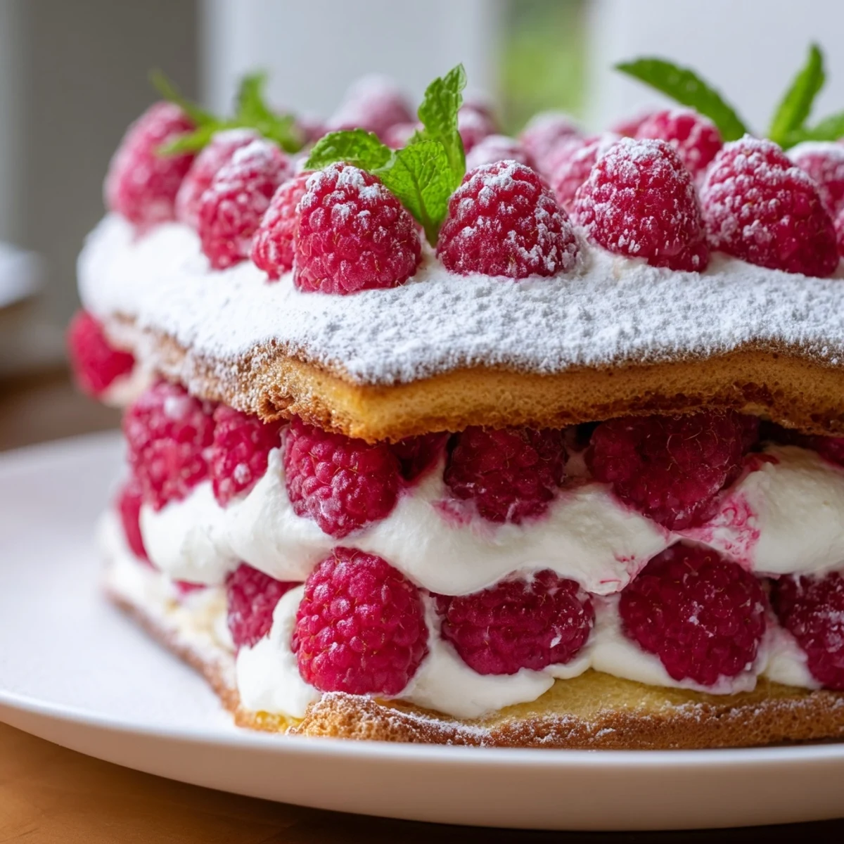 Fresh Raspberry Tiramisu layered with coffee-soaked ladyfingers, creamy mascarpone, and vibrant berries on a white plate.
