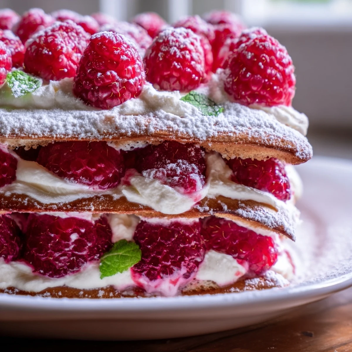 This Fresh Raspberry Tiramisu shows a glass dish with powdered sugar and mint garnish for a fruity twist.