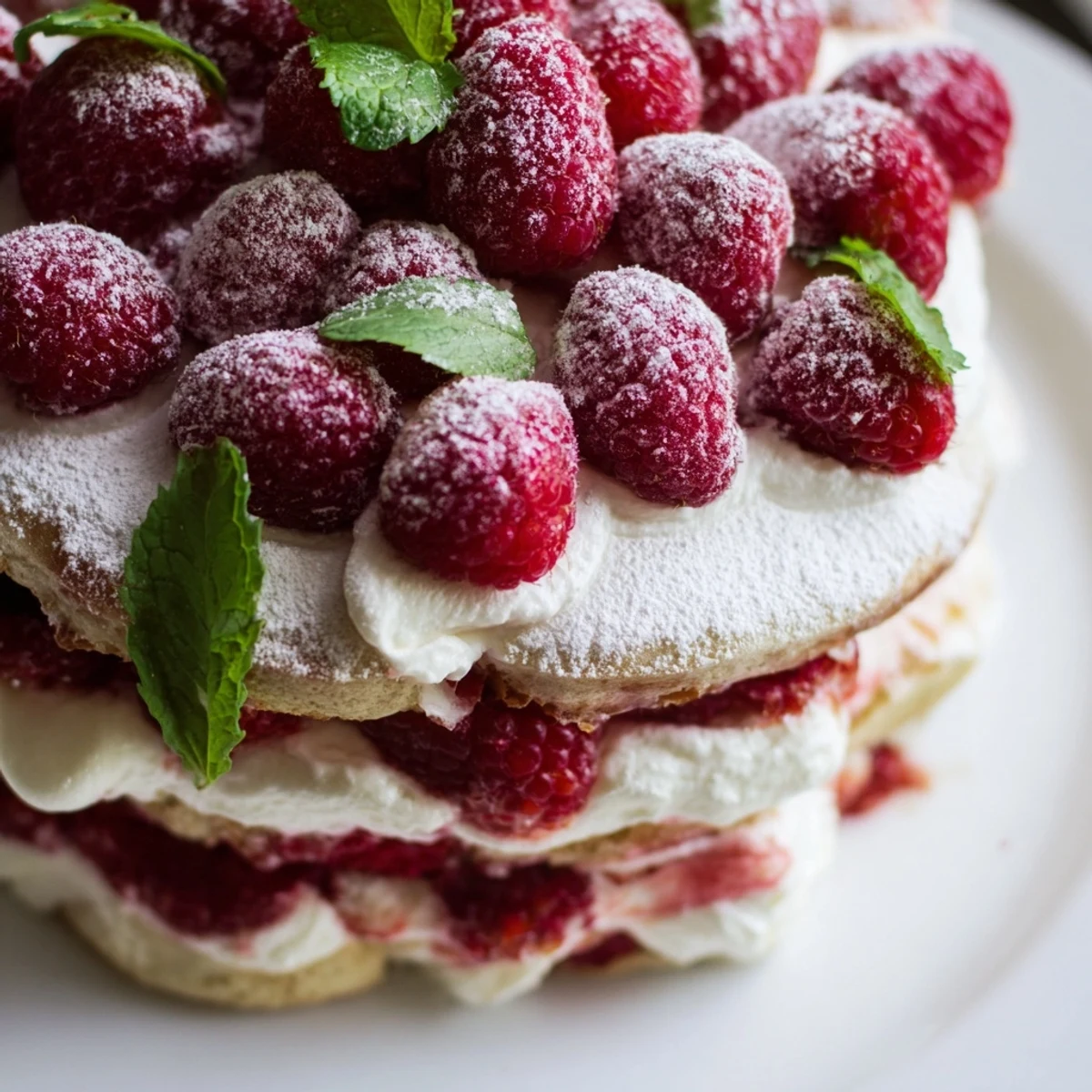 A close-up slice of Fresh Raspberry Tiramisu reveals mascarpone cream and fresh raspberries with a soft coffee aroma.