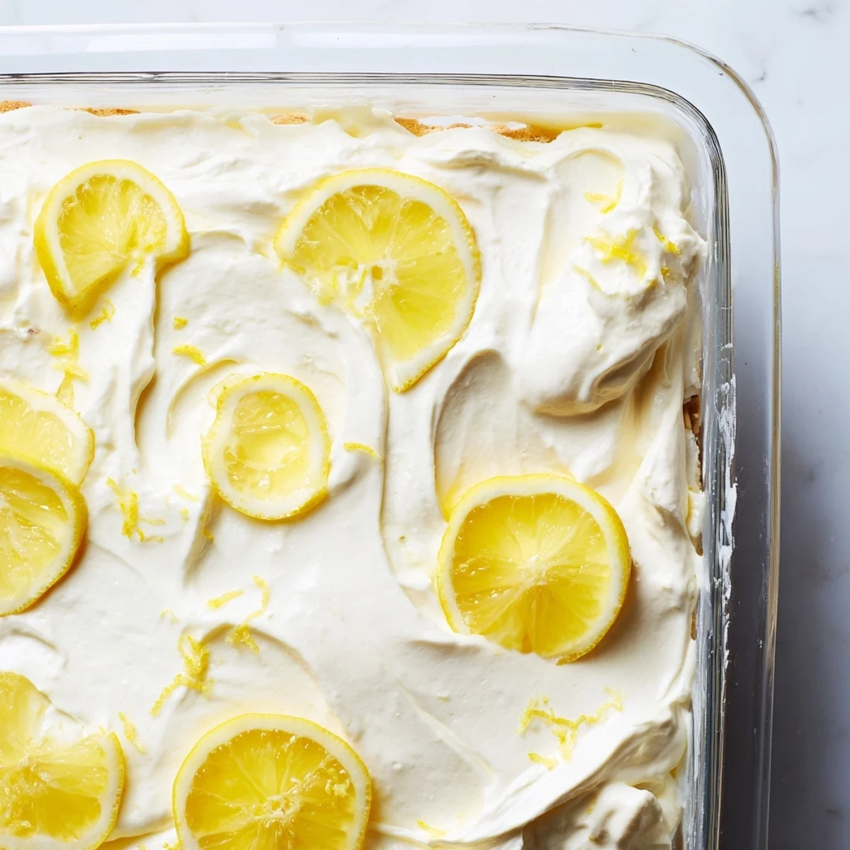A chilled slice of Easy Lemon Tiramisu No Bake Dessert showing layered ladyfingers and creamy mascarpone topping dusted with zest.