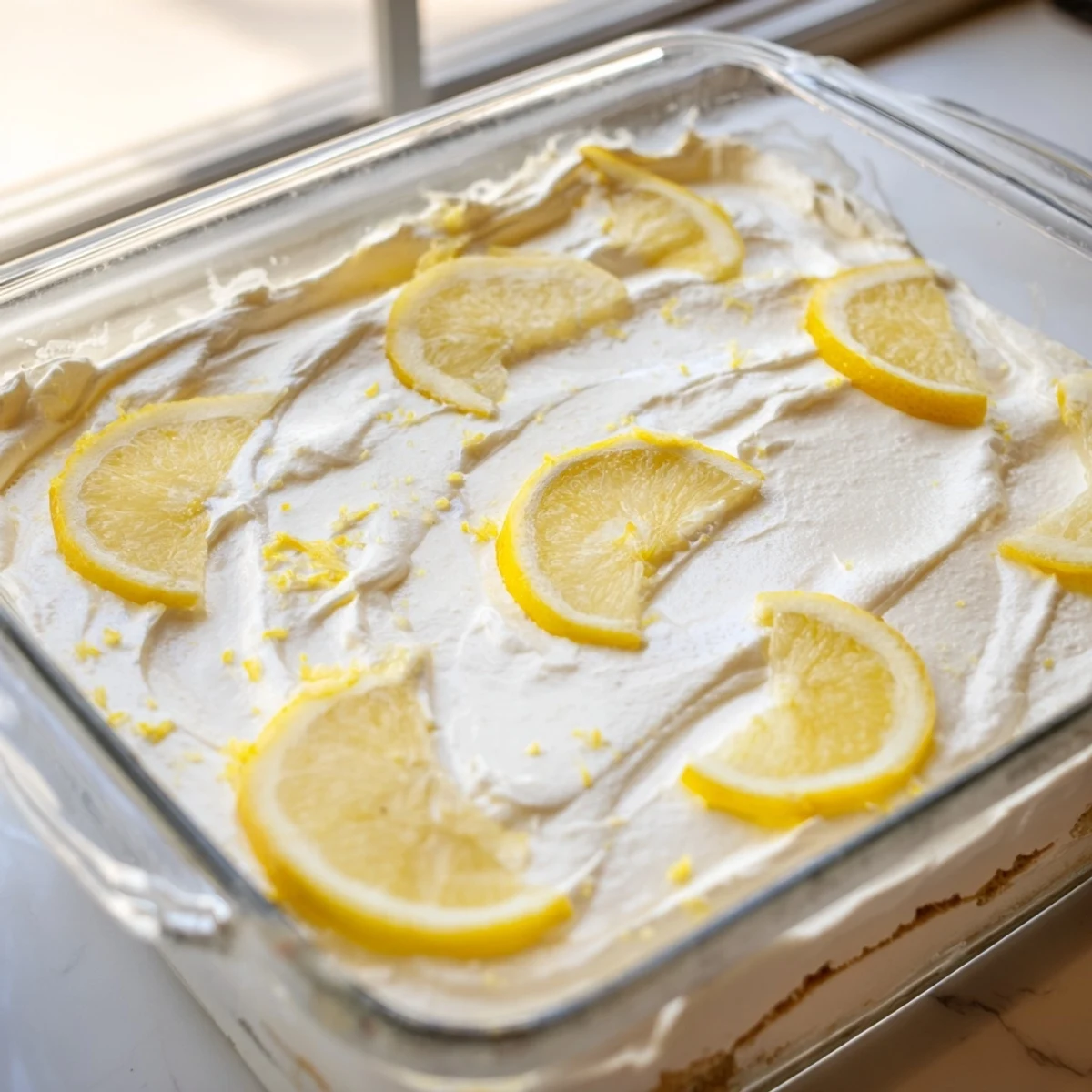 Easy Lemon Tiramisu No Bake Dessert presented on a marble counter with a spoon ready to serve a refreshing bite.