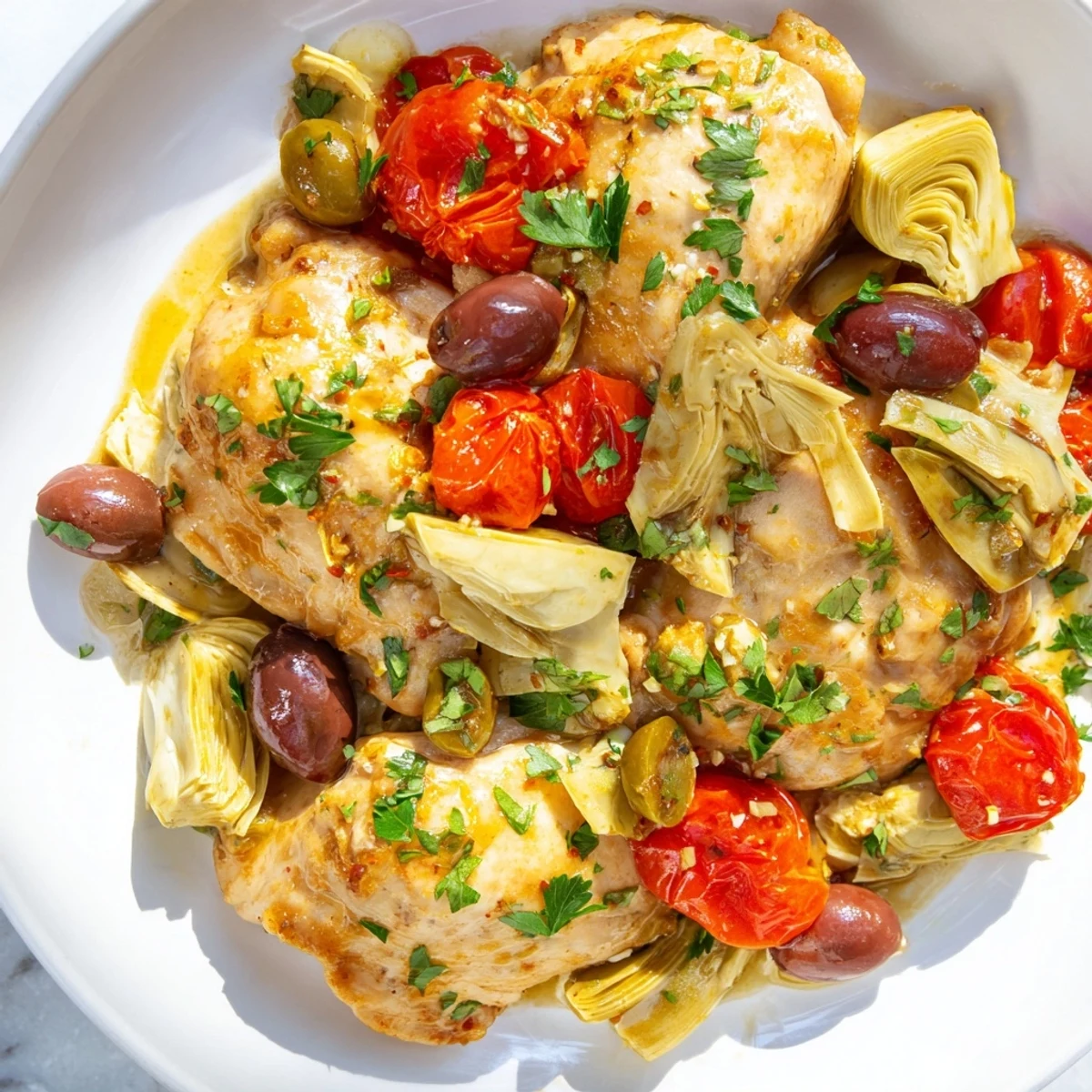 Golden-brown Mediterranean Lemon Chicken with artichokes and olives simmering in a skillet with fresh herbs.