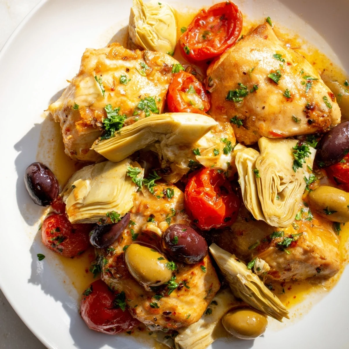 A plated serving of Mediterranean Lemon Chicken beside fluffy rice with lemon wedges and parsley garnish.