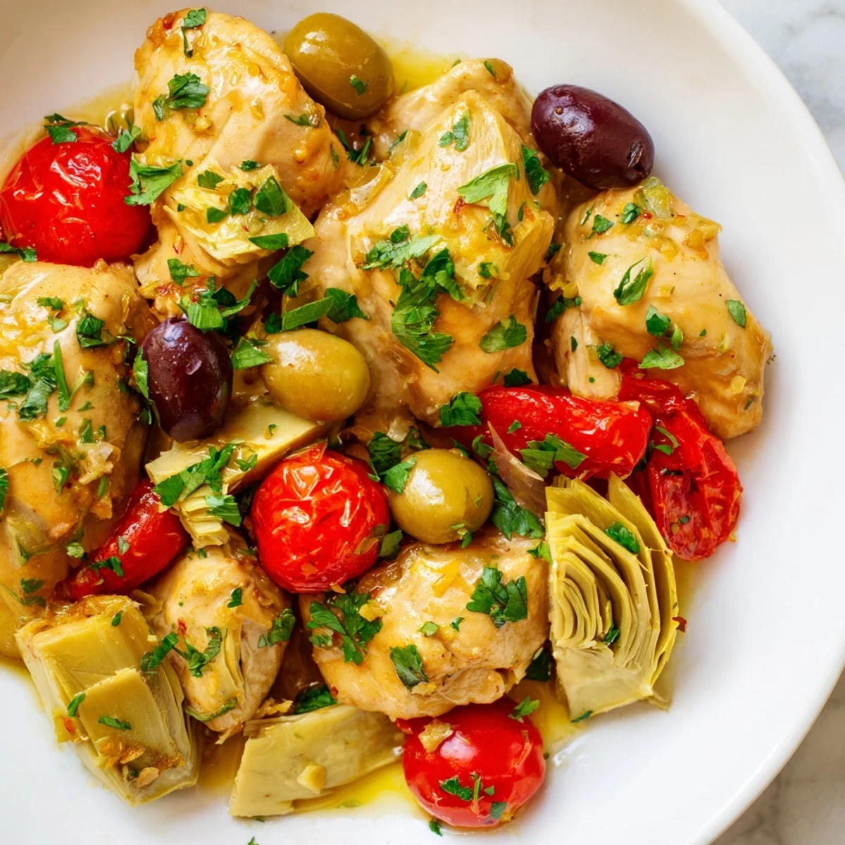 Mediterranean Lemon Chicken in a rustic pan featuring olives and artichokes ready for a family dinner.