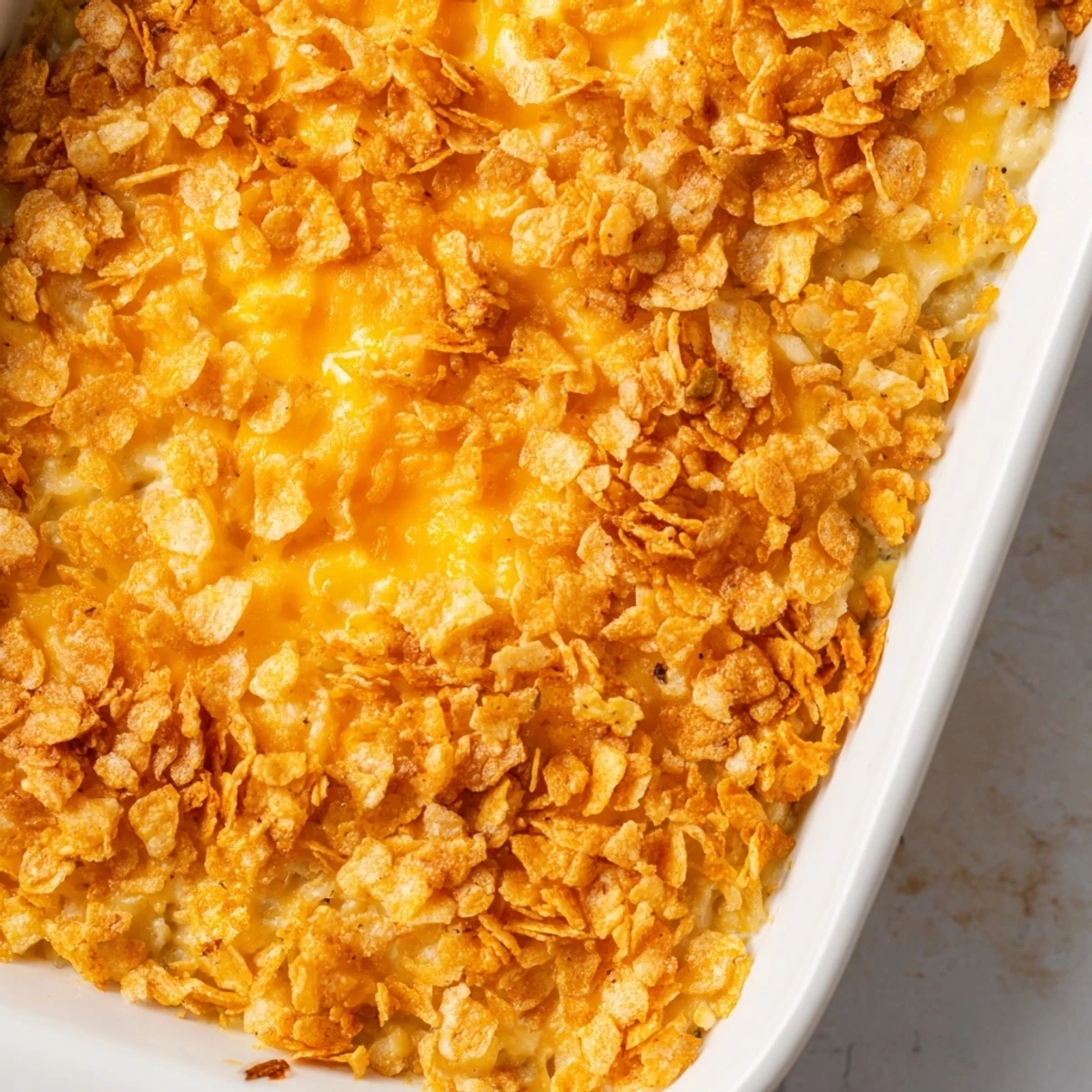 A close-up of Funeral Potatoes with Hashbrowns, featuring a creamy, cheesy casserole bubbling in a baking dish with a golden-brown, buttery cornflake topping.