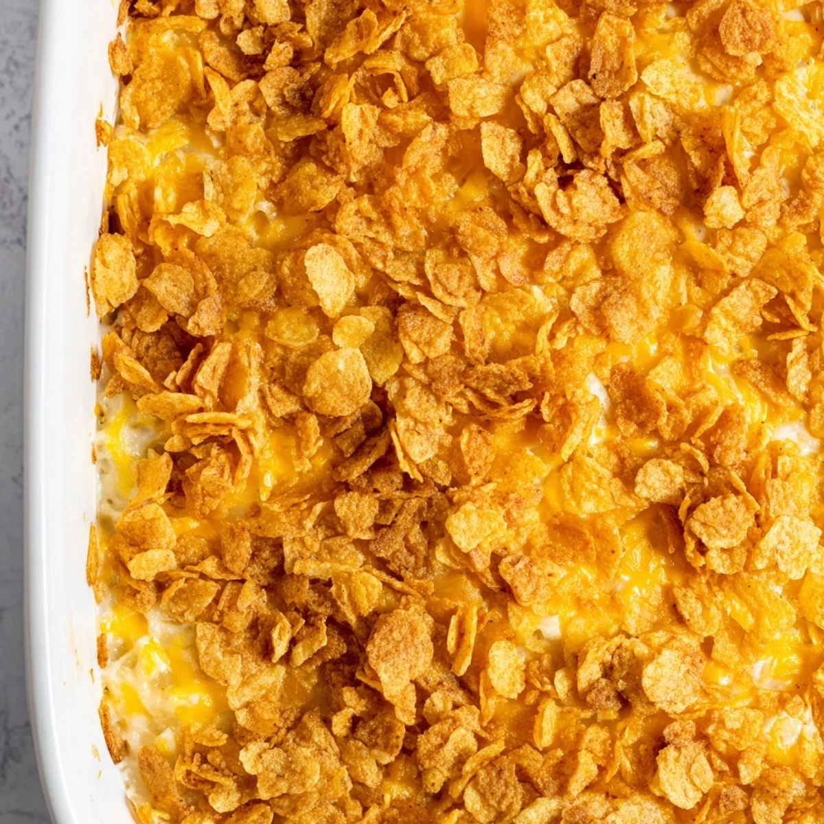 Steam rising from a freshly baked Funeral Potatoes with Hashbrowns, revealing a rich, creamy texture and a crunchy, golden topping in a 9x13 dish.