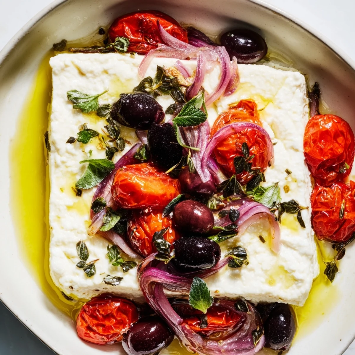 Warm Mediterranean Baked Feta Appetizer bubbling with roasted tomatoes and olives served with crusty bread.