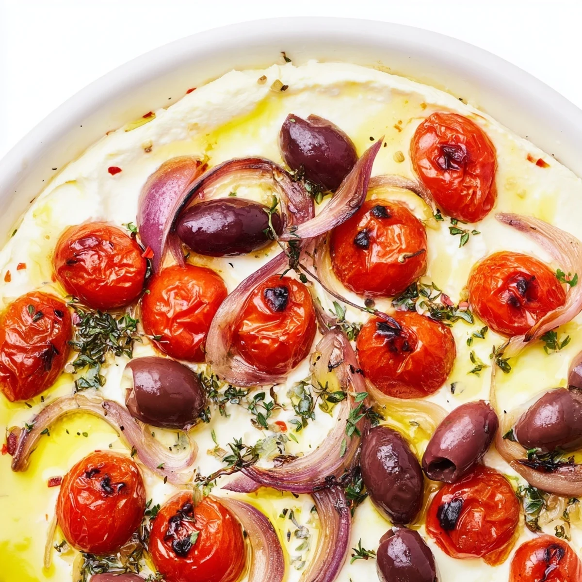 Savory Mediterranean Baked Feta Appetizer golden and creamy beside crusty bread on a rustic table.