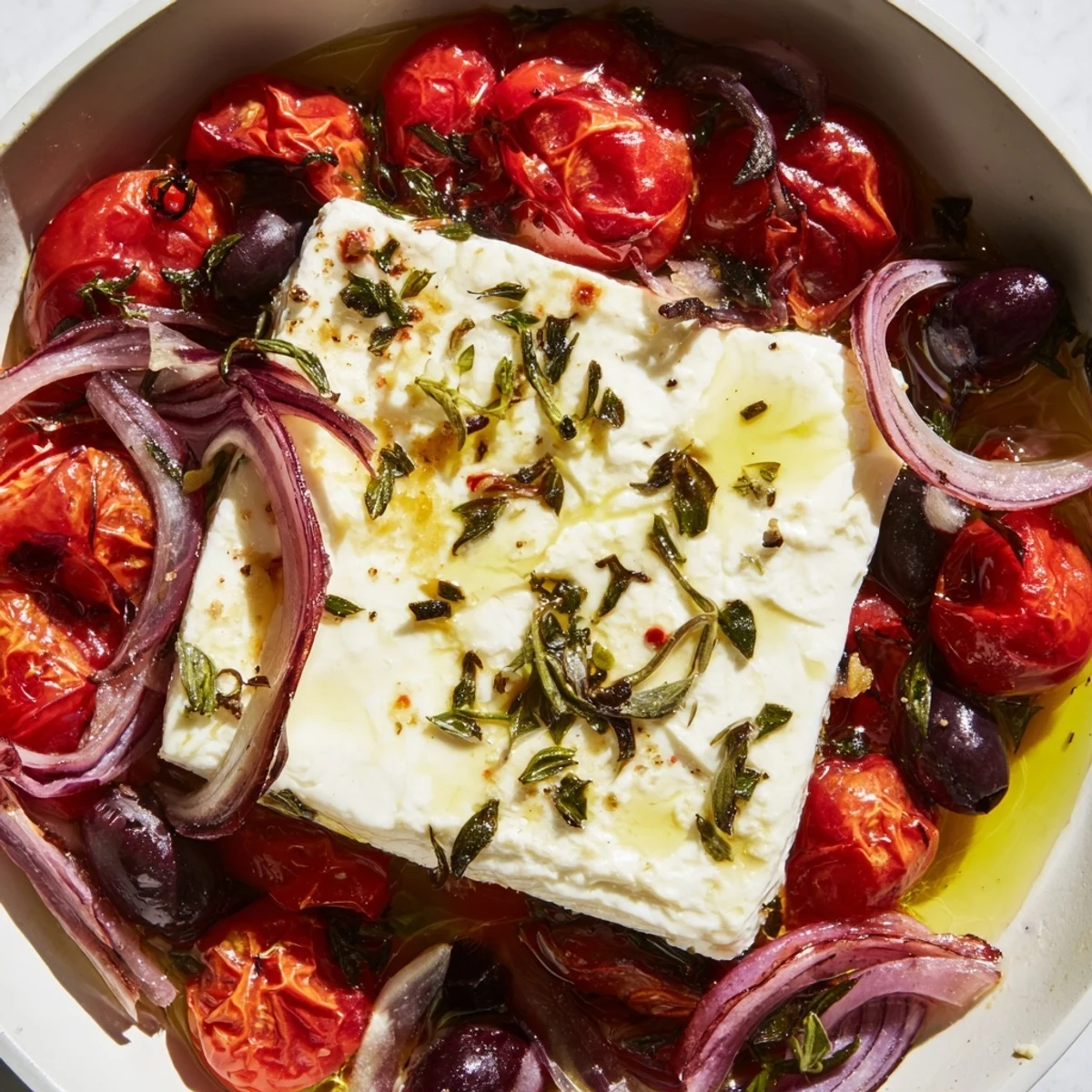 Fresh Mediterranean Baked Feta Appetizer with herbs and olive oil served warm with pita bread.