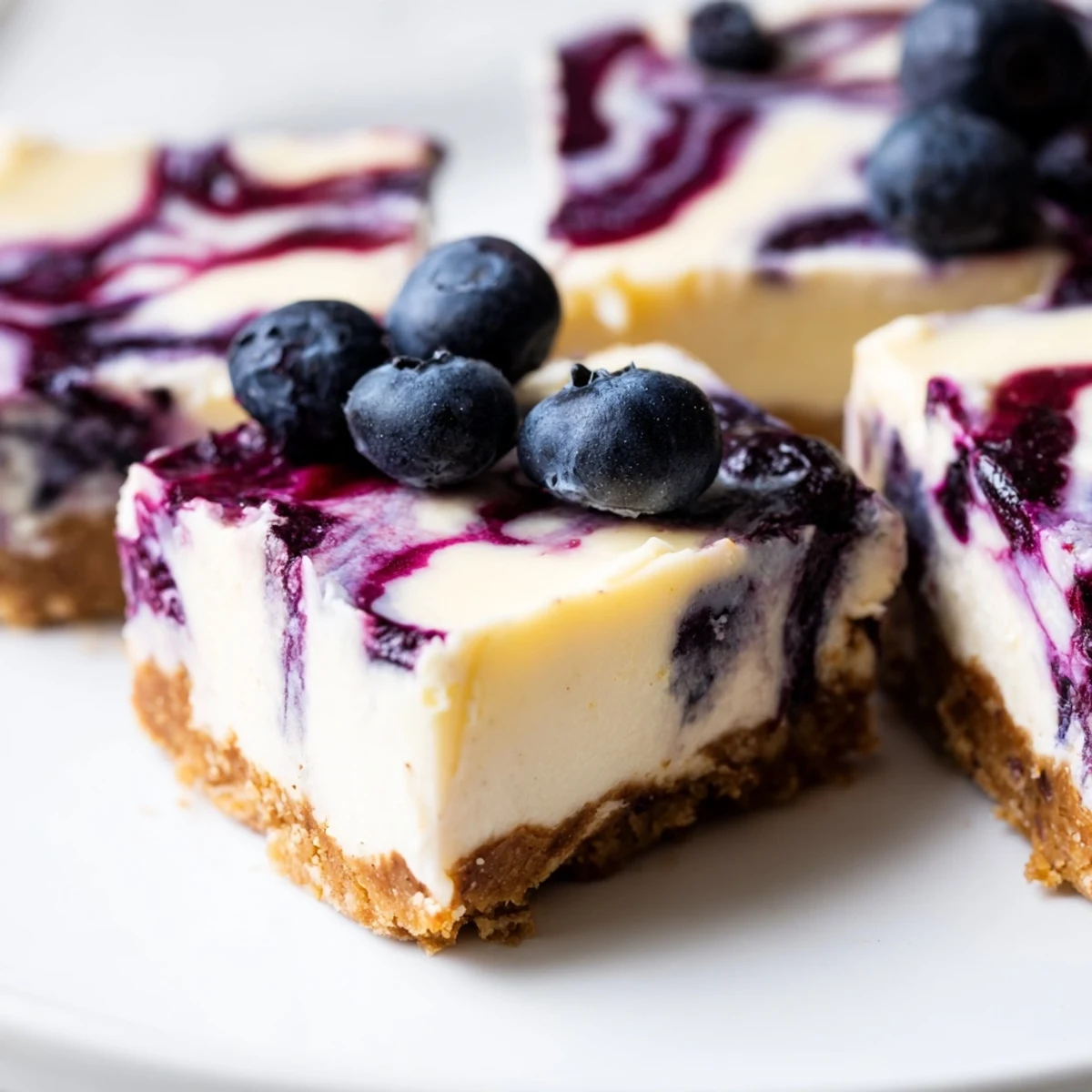 Delicious Blueberry Cheesecake Protein Bites arranged neatly, with Greek yogurt cream and almond flour base highlighted as a high-protein dessert.