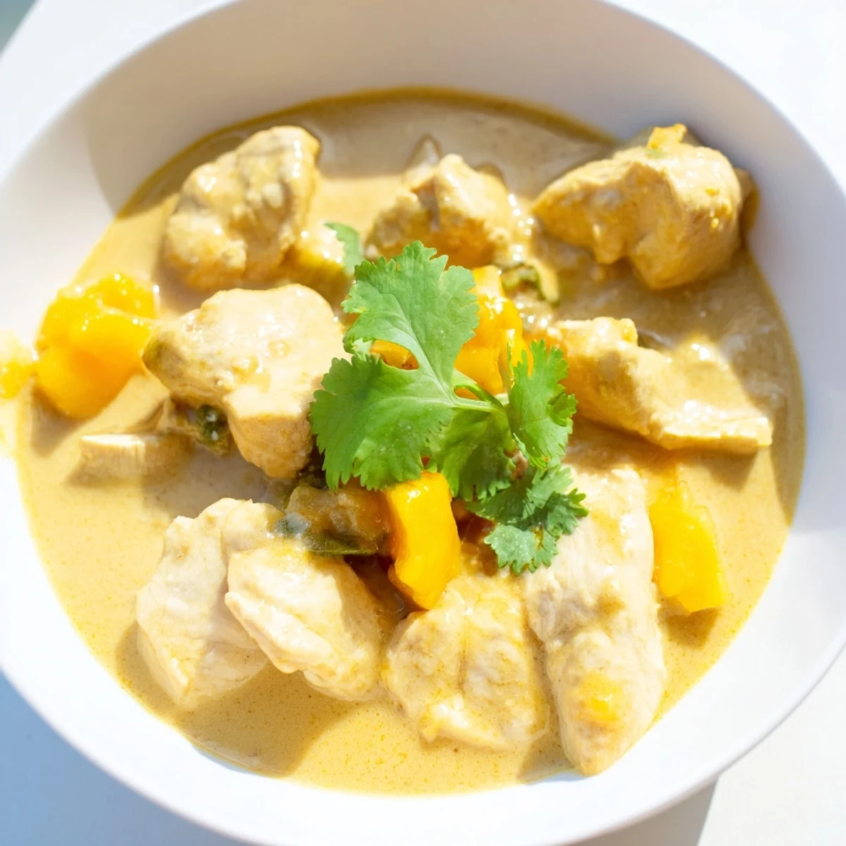 The fragrant steam rises from a bowl of Mango Chicken Curry garnished with cilantro and sliced red chili alongside warm naan bread.