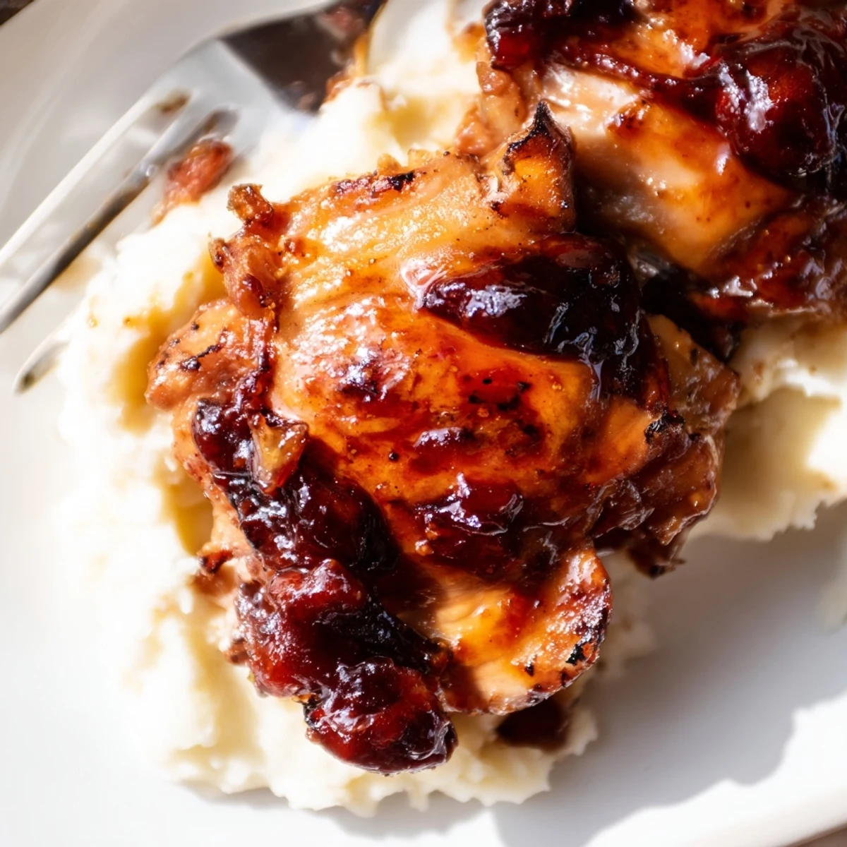 A close-up of juicy chipotle honey chicken thighs paired with cheesy smoked Gouda mashed potatoes.