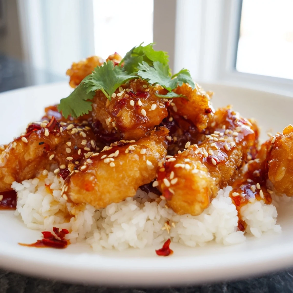 Golden-brown Sweet & Spicy Cod Strips piled high on fluffy white rice with a vibrant red chili-garlic drizzle.