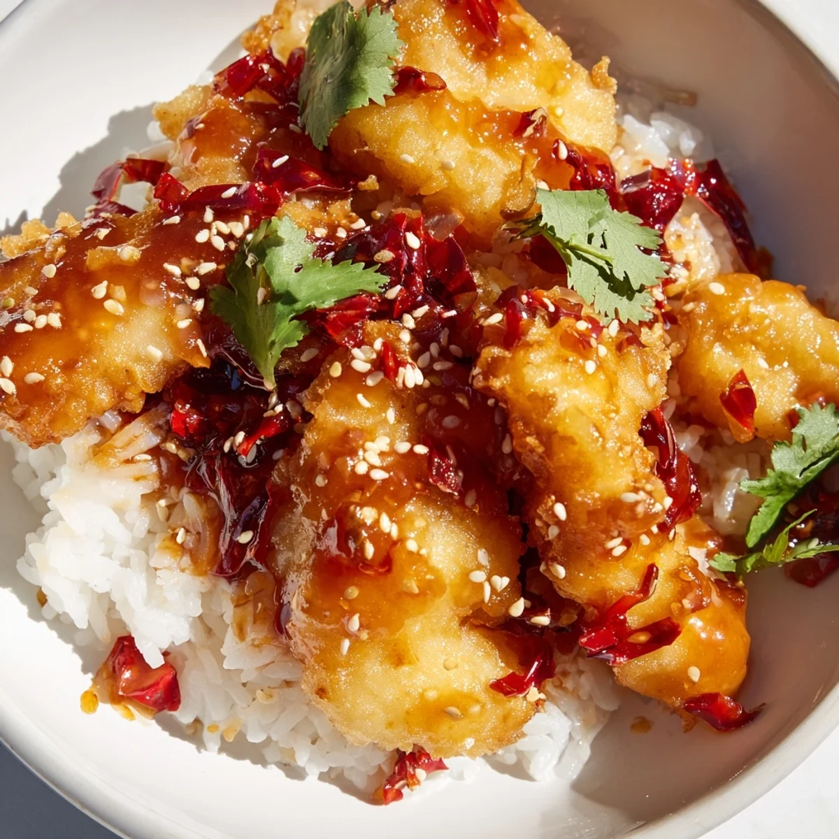 Fusion-style Sweet & Spicy Cod Strips with chili-garlic oil drizzle and fresh cilantro on jasmine rice.