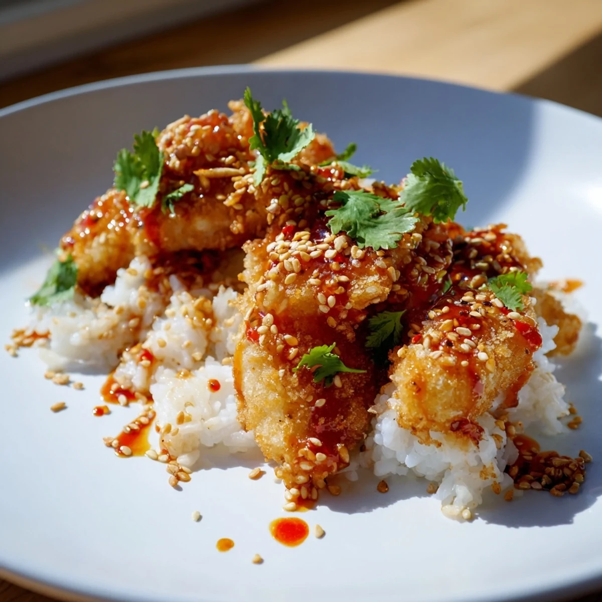 Close-up of Tender cod strips glazed in sweet and spicy sauce served over rice with garnishes.