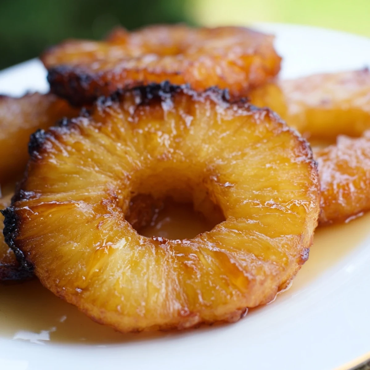Golden-brown rum-soaked fried pineapple rings glistening with caramelized sugar and drizzled with honey, served warm on a plate.