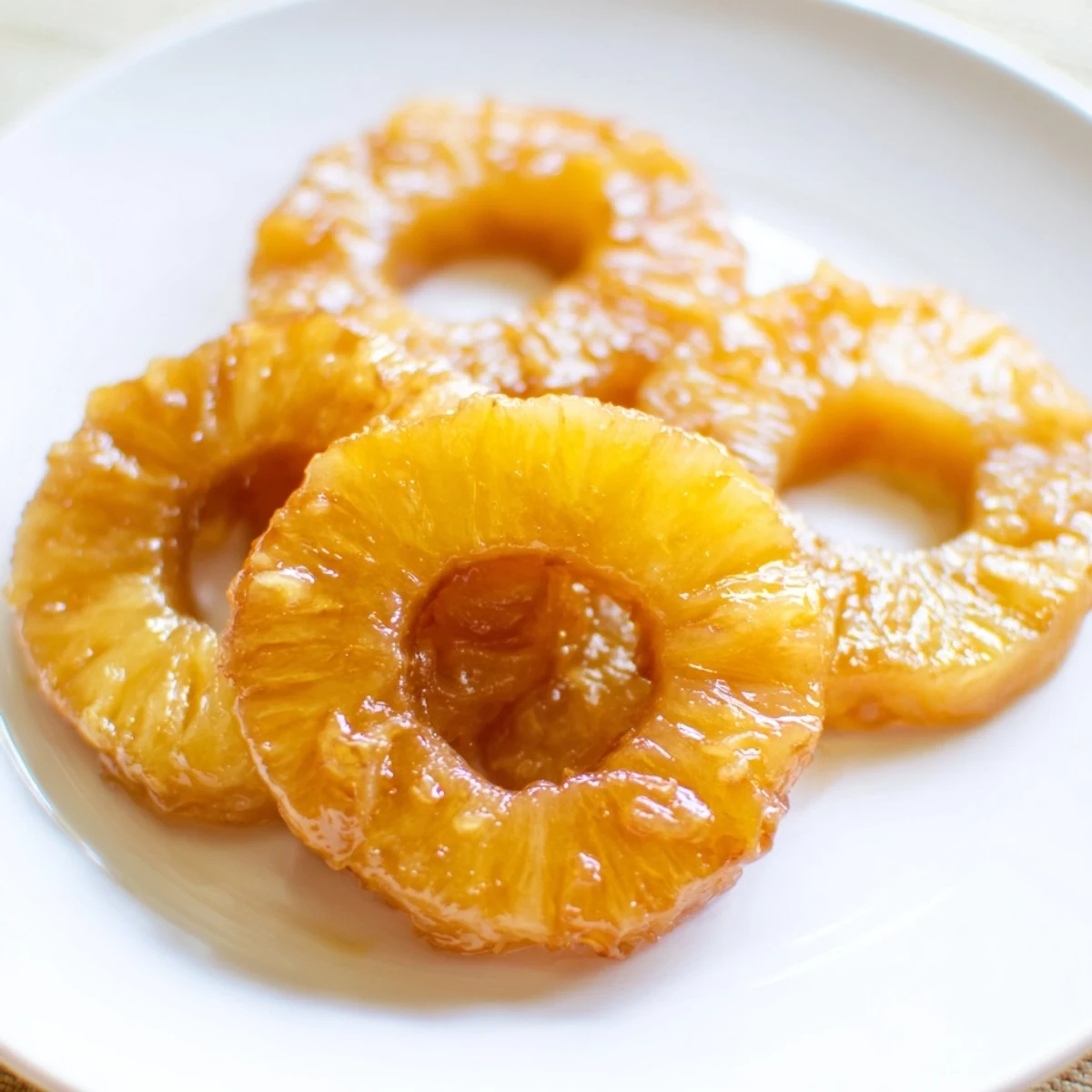Freshly fried rum-soaked pineapple pieces arranged on a white plate with a rum cocktail in the background.
