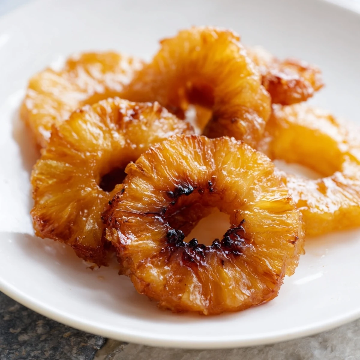 A close-up of crispy rum-soaked fried pineapple wedges dusted with cinnamon and topped with a scoop of vanilla ice cream.