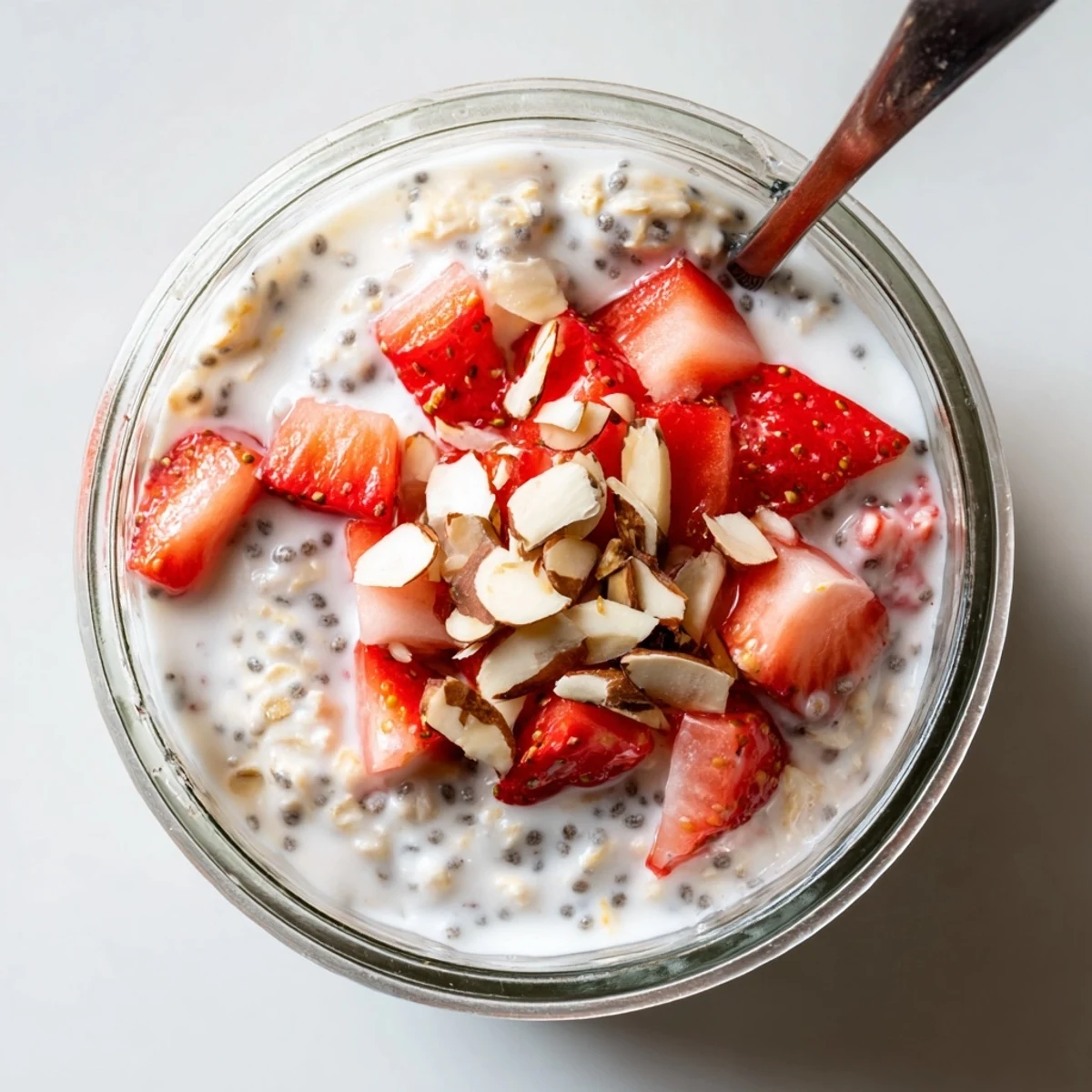 Creamy Strawberry Overnight Oats layered with fresh berries in a glass jar, topped with sliced strawberries and almonds.