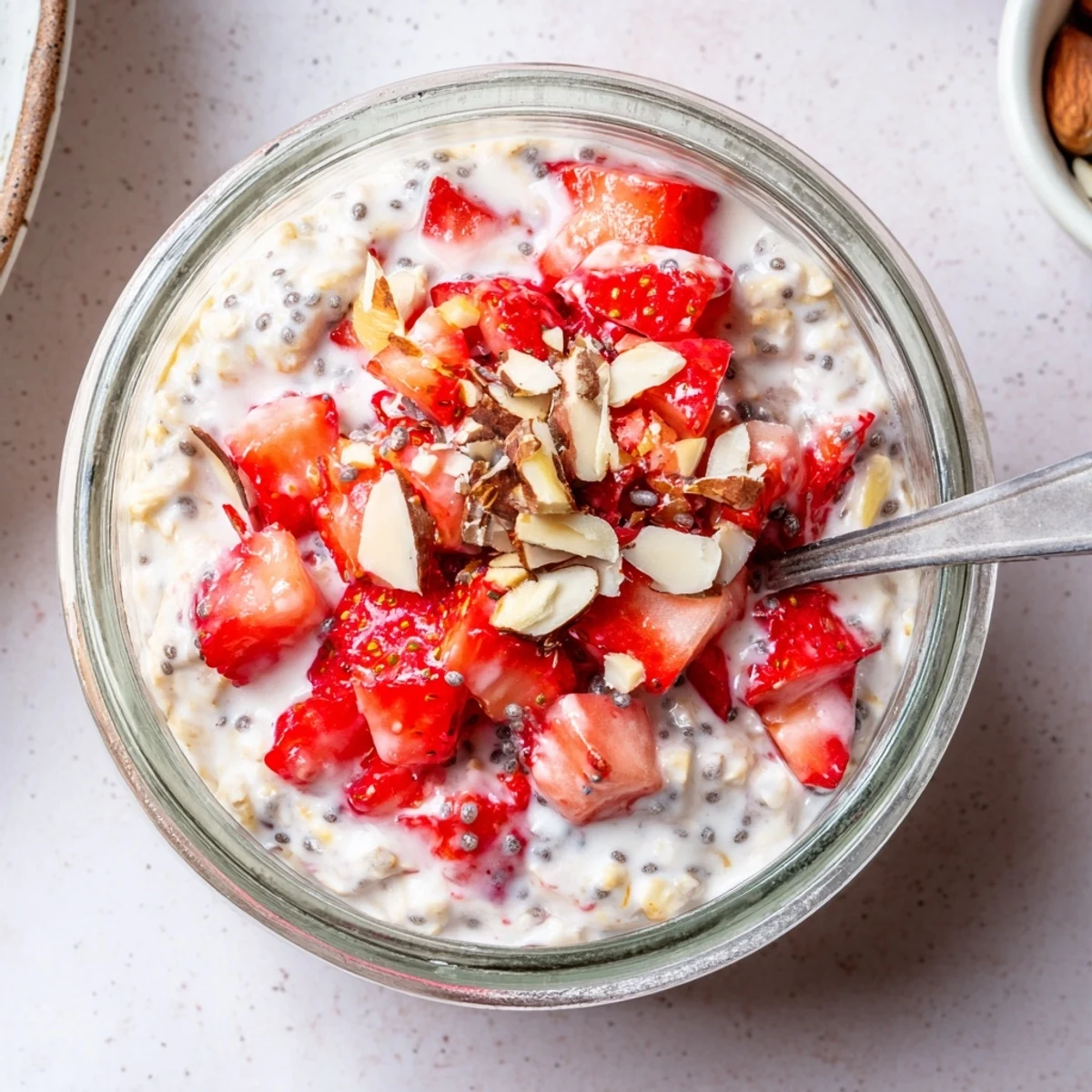 Healthy Strawberry Overnight Oats in a meal prep jar with Greek yogurt and chia seeds, perfect for busy mornings.