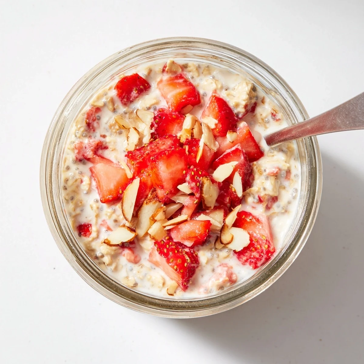 A spoon digs into chilled Strawberry Overnight Oats showing creamy texture with diced strawberries and a honey drizzle.