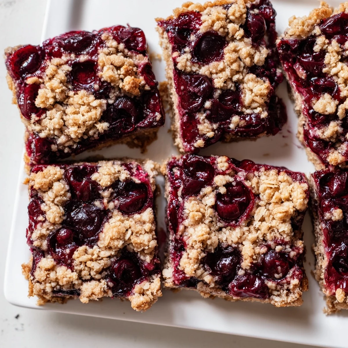 Warm Easy Tasty Cherry Crumble Bars with golden oat topping and bubbling red cherry filling on a white plate.