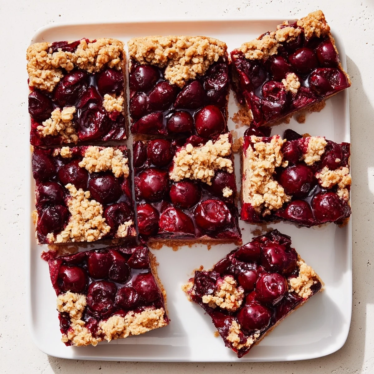 Easy Tasty Cherry Crumble Bars stacked on a rustic board, showing juicy cherries and a golden-brown baked finish.