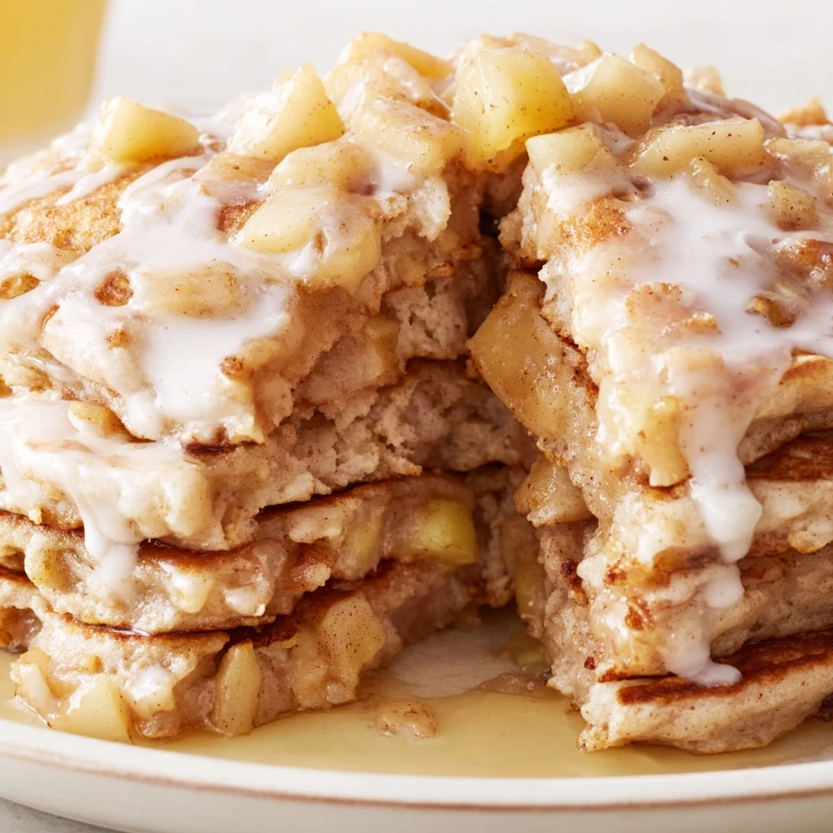 Golden-brown Apple Fritter Pancakes studded with tender apple pieces and dusted with powdered sugar glaze, served on a white plate.
