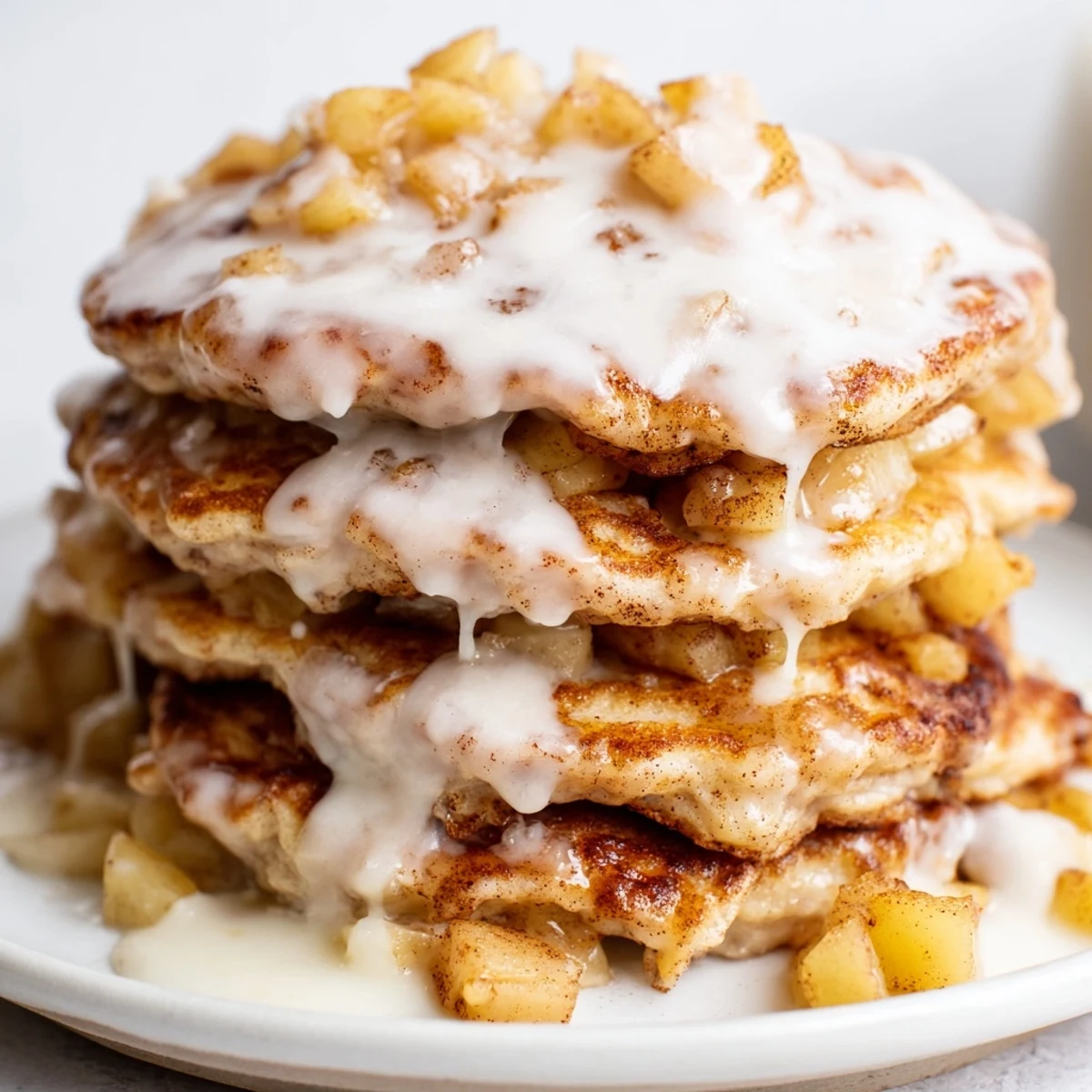 Fluffy Apple Fritter Pancakes stacked high with a sweet vanilla glaze dripping down the sides and warm apples visible inside.