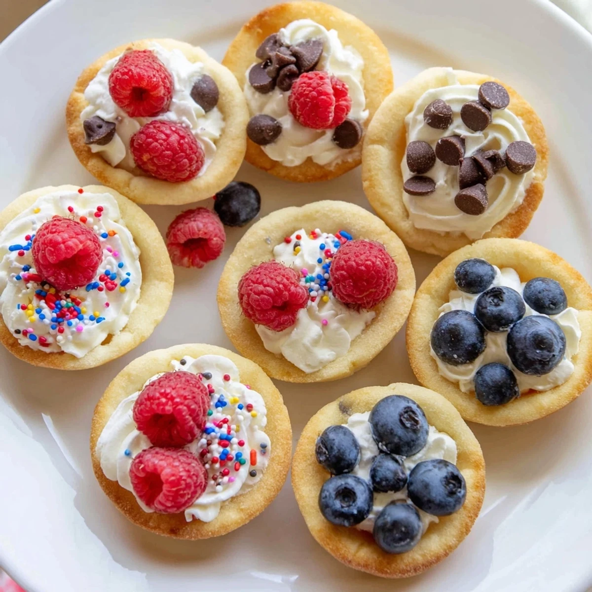 Sugar Cookie Cups filled with whipped cream and sprinkles on a rustic wooden table.