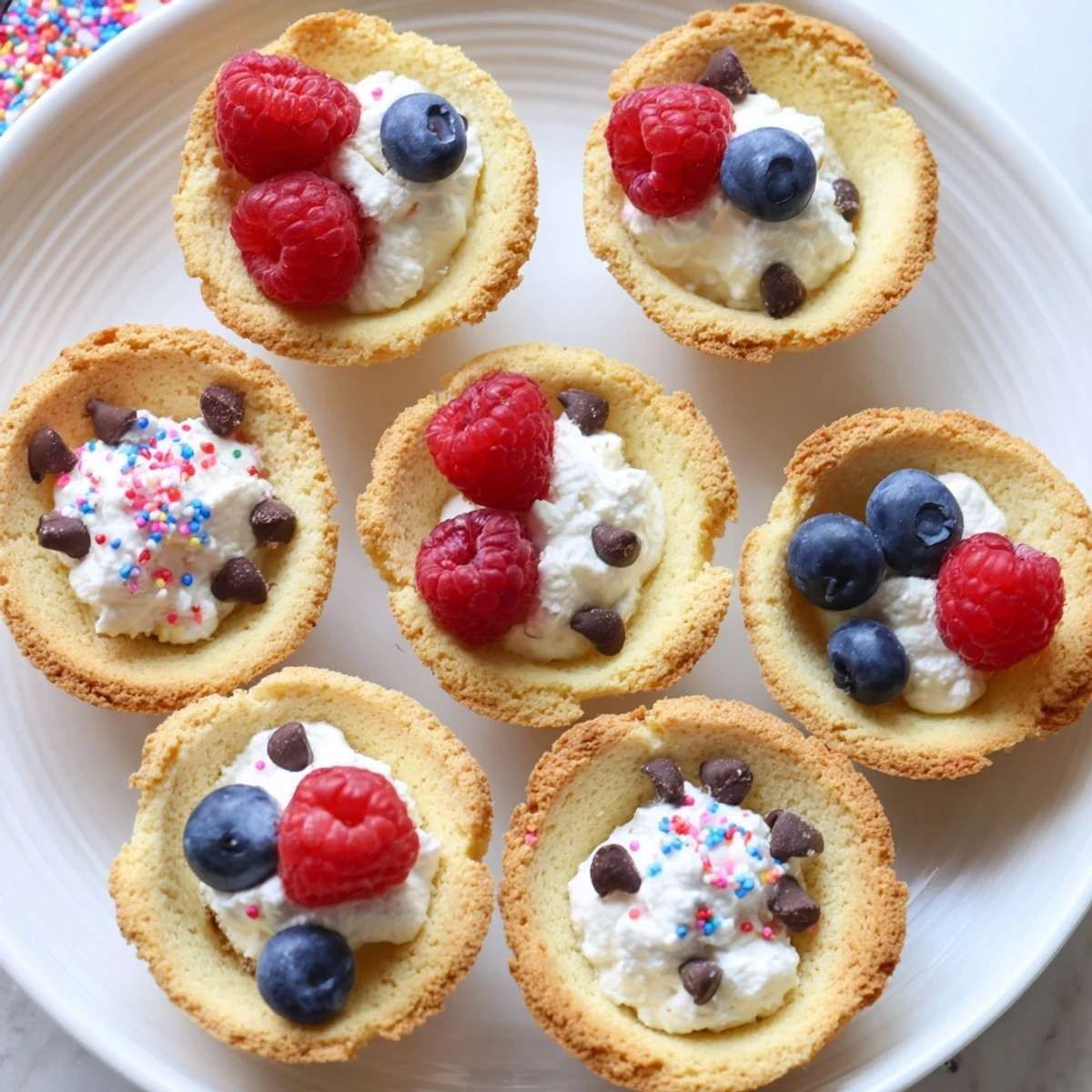Freshly baked Sugar Cookie Cups topped with raspberries and mint, ready for serving.