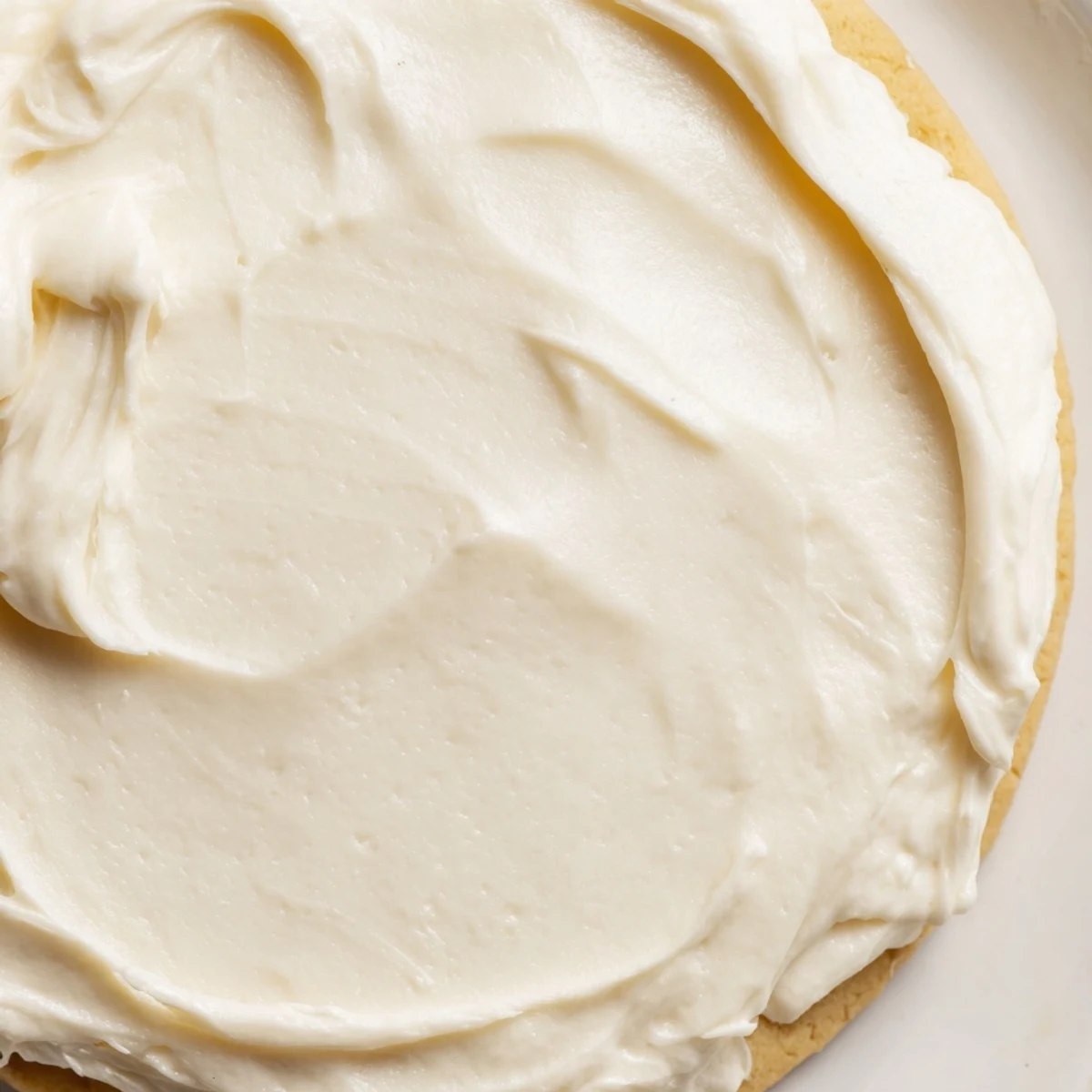 Creamy Easy Sugar Cookie Frosting in a bowl with a spatula, ready to spread on vanilla cookies.