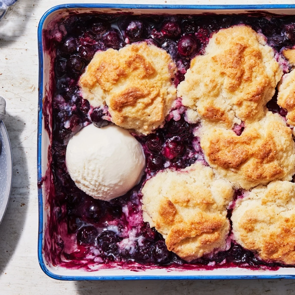 A spoon lifts warm, bubbly blueberries from this Moist Blueberry Cobbler With Frozen Berries.