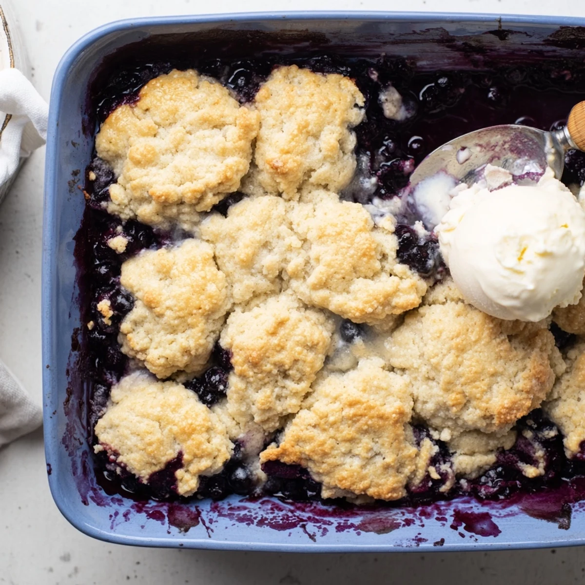 A scoop of vanilla ice cream melts beside golden Moist Blueberry Cobbler With Frozen Berries.