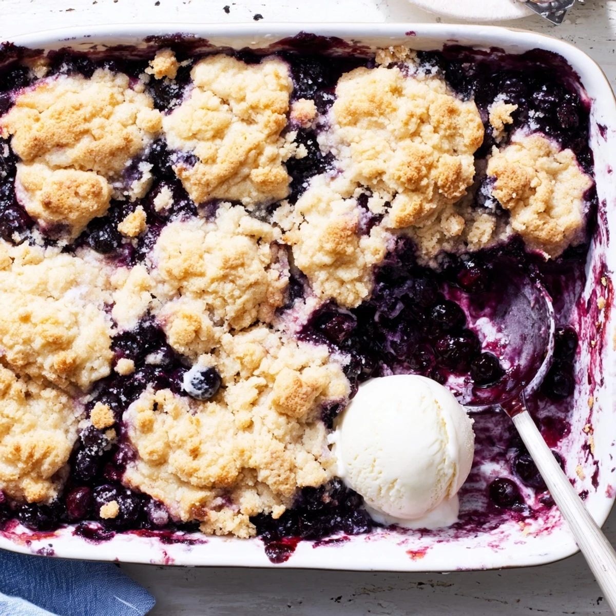 The golden biscuit topping of Moist Blueberry Cobbler With Frozen Berries steams gently on a plate.