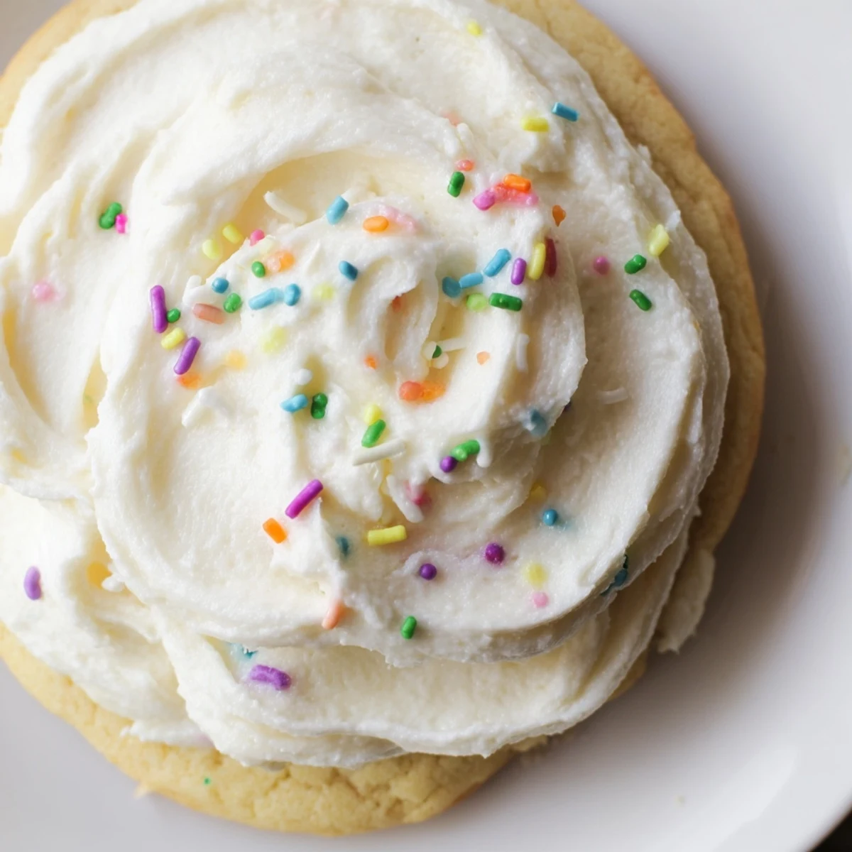 Freshly frosted Soft Sour Cream Sugar Cookies With Cream Cheese Frosting are arranged on a marble board for serving.  